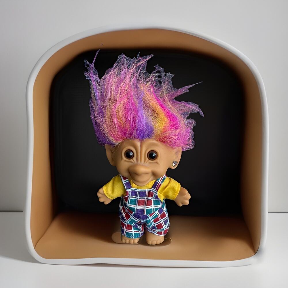 Bright Of America Troll Rainbow Hair Overalls Heart Earring 4.5" Preowned EUC